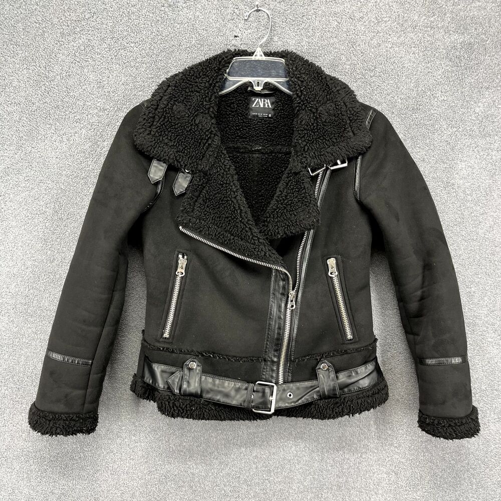 Zara Motorcycle Jacket Women XS Black Black Double Sided Strap Faux Suede Fleece - Picture 12 of 16